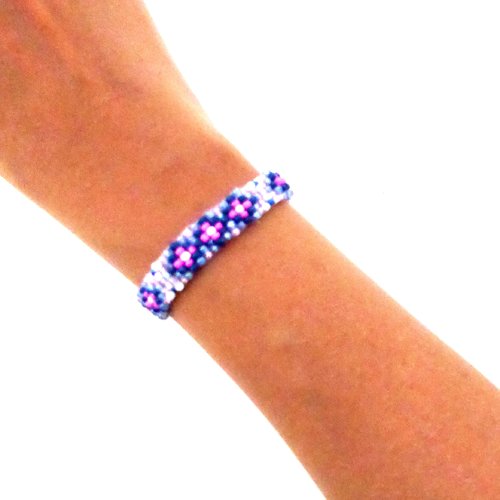 Bracelet tissé, perles rocaille, bleu, rose, blanc, fille,  femme, taille m
