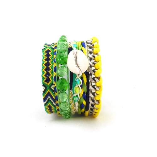 Bracelet brésilien motifs ethniques jaune et vert en coton - Un grand marché