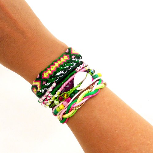 Bracelet ethnique, manchette  brésilienne, multi rangs,  vert, rose, anis, femme, taille m / l