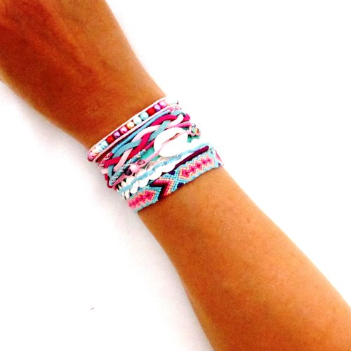 Bracelet, manchette brésilienne, multi rangs bleu vert, rose, rouge, femme, taille m