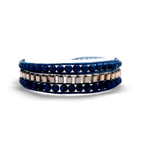 Bracelet wrap chaine , perles bleues, femme, taille xl