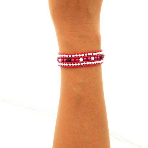 Bracelet wrap, perles, rouge, argent, femme, taille m