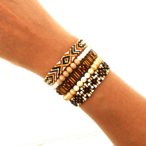 Manchette brésilienne, bracelet ethnique, perles, rocaille, femme, taille m