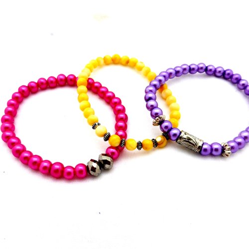 Lot bracelets perles, rose, jaune, violet, femme, fille, taille l