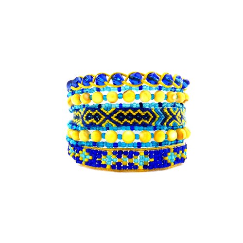 Manchette brésilienne, bracelet, ethnique, perle, jaune bleu, femme, taille l