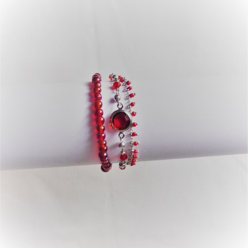 Bracelet triple rangs perles, rouge, fille, femme, taille m / l
