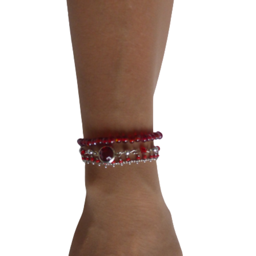 Bracelet triple rangs perles, rouge, fille, femme, taille m / l