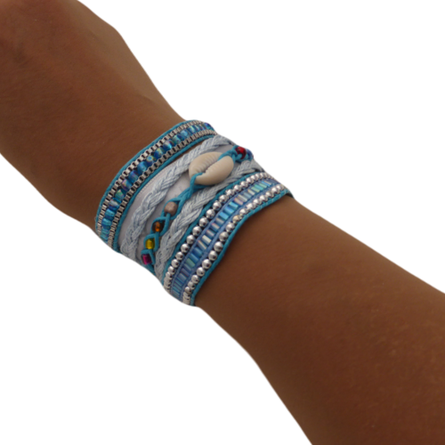 Manchette brésilienne, bracelet ethnique, perles, turquoise, ciel, femme, taille l