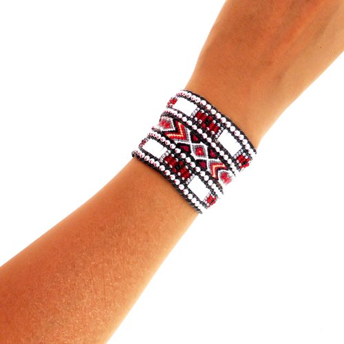 Manchette brésilienne, bracelet ethnique, rouge et noire, femme, taille m
