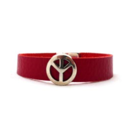 Bracelet cuir rouge, peace and love, intemporel, femme, fille, taille m / l