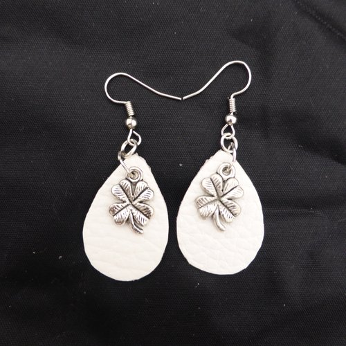 Boucle d'oreille vintage, trèfle, cuir, blanc, femme, fille,