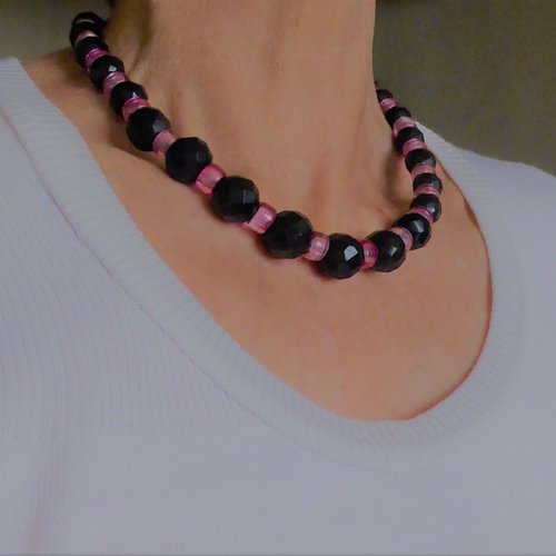 Collie ras de cou, vintage, perles anciennes, noir, rose, femme,