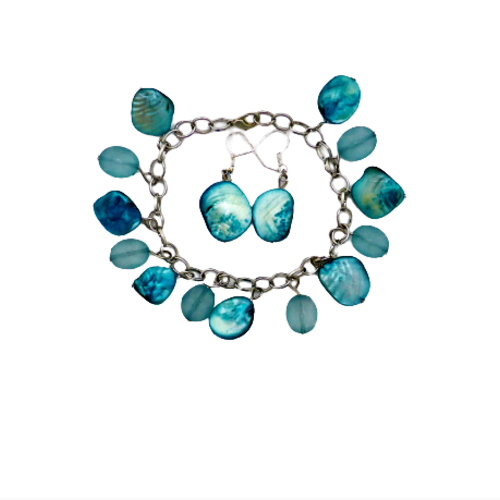 Bracelet perles, effet nacré, femme, fille, bleu turquoise, taille m / l