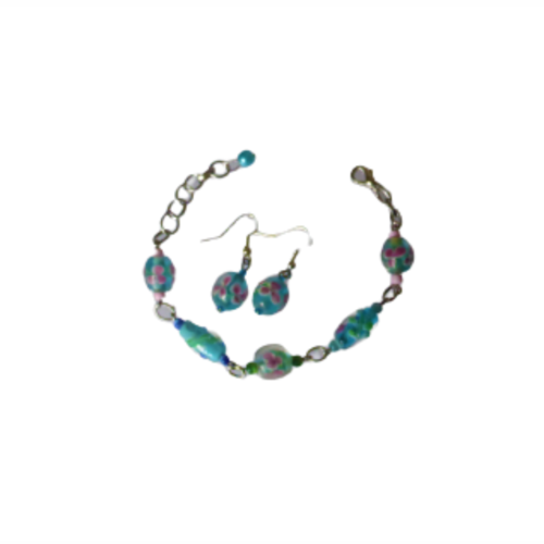 Bracelet et boucle d'oreille perles incrustées turquoise