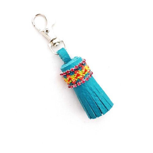 Pompon, cuir, bijou de sac, grigri, porte clef, turquoise,