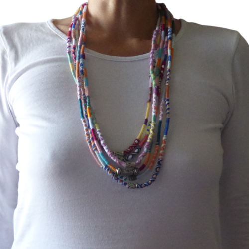 Collier, opéra, multi rangs, original; tresses, atébas, perles, argent, femme, fille;