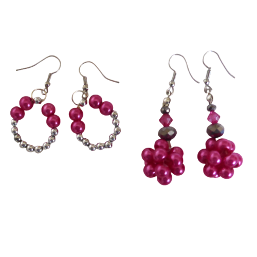 Lot de boucle d'oreille, perles, rose, argentée, femme,