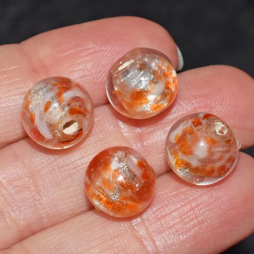 10 perles en verre lampwork, formes rondes, feuille d'argent, perles artisanale