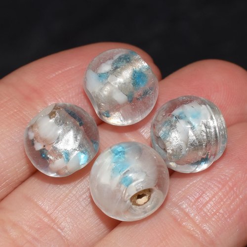 10 perles en verre lampwork, formes rondes, feuille d'argent, perles artisanale