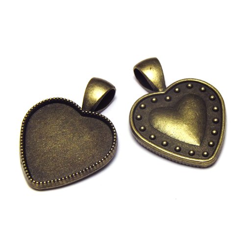 2 pendentifs coeur support pour cabochon 20mm, métal bronze