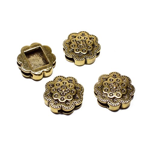 6 perles passant pour cuir plat ou cordon - fleur, métal doré