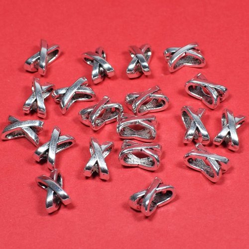 25 perles passant pour cuir plat, forme x, métal argenté