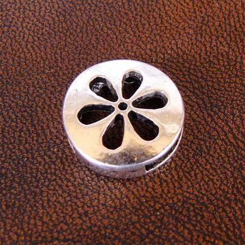 5 perles passant pour cuir plat ou cordon - fleur, métal argenté antique