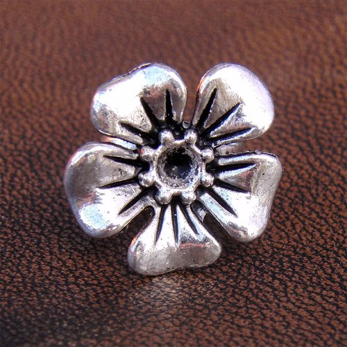 5 perles fleur pour cuir ou cordon, métal argenté