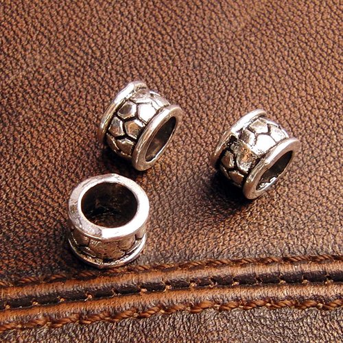 12 perles passant tube pour cuir rond ou cordon, métal argenté vieilli