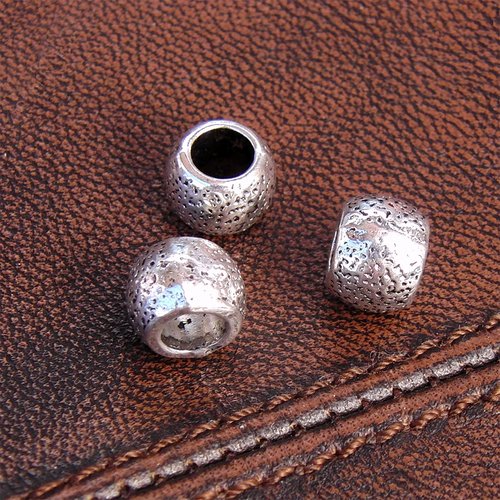 12 perles passant pour cuir rond, style tibetain - métal argenté