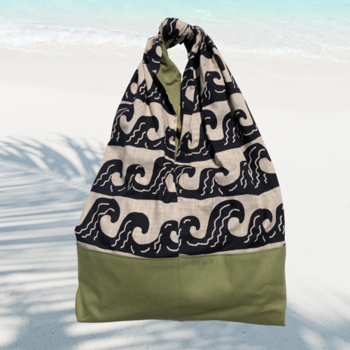 Sac cabas en coton imprimé vagues noir et écru