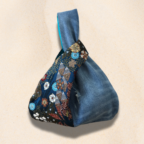 Sac bi-matière d’inspiration japonaise en jean recyclé et jacquard