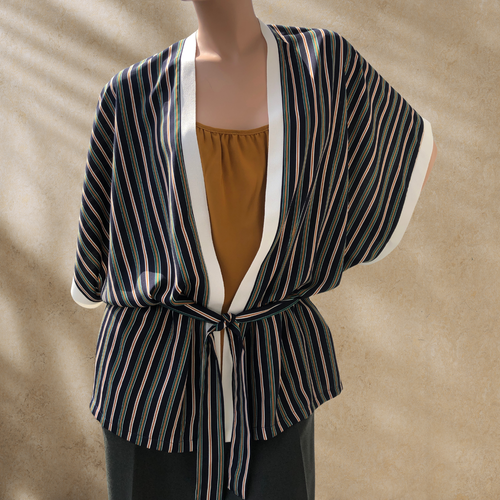 Kimono chemise ample rayé bleu marine, vert, beige et ocre