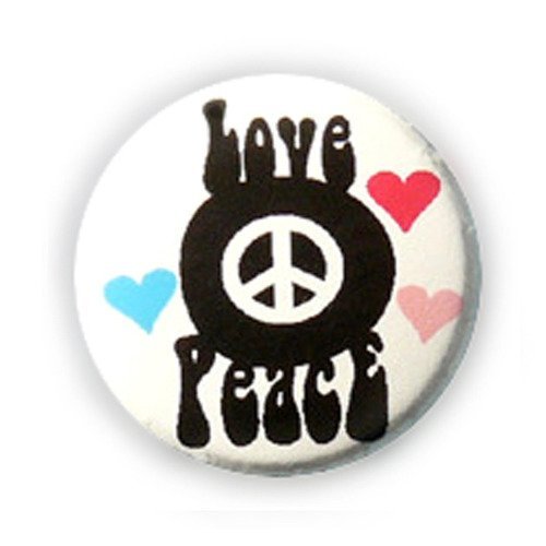 Badge love & peace coeurs noir fond blanc amour et paix pop 60's 70's baba cool hippie rock hipster pins - ø25mm