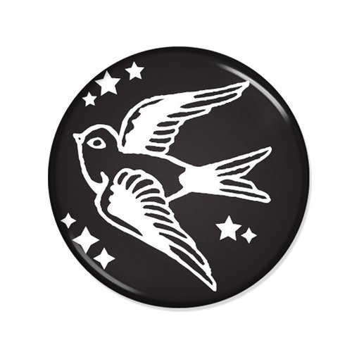 Badge hirondelle et etoiles blanc sur fond noir tattoo rockabilly swallow bird ø25mm 