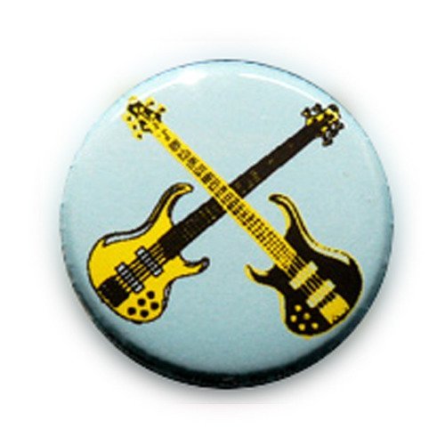 Badge double rock star guitar noir jaune / bleu ciel punk pop - 25 mm