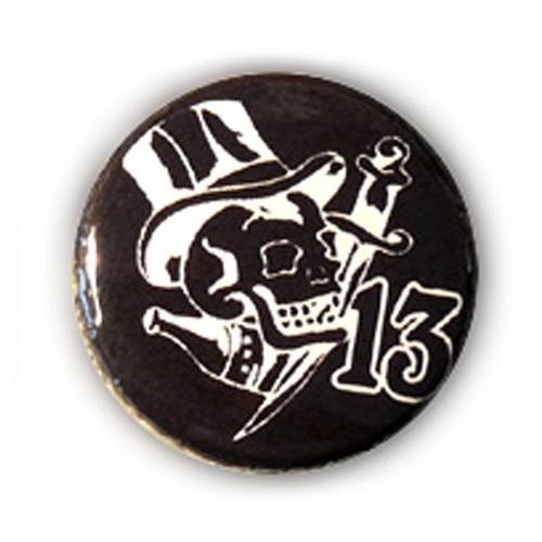 Badge skull 13 tattoo blanc fond noir kustom vintage rockabilly ø25mm