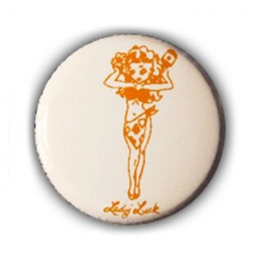 Badge lady luck tattoo pin up orange sur fond blanc rockabilly ø25mm