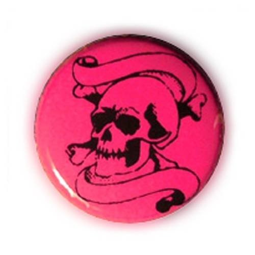Badge tete de mort tattoo noir fond rose skull punk ø25m rockabilly
