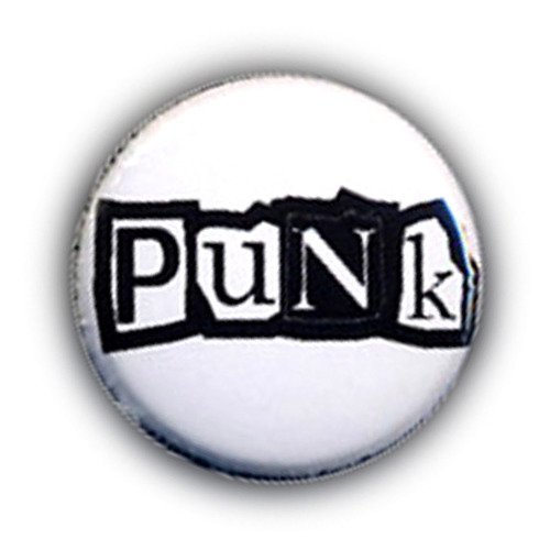 Badge punk logo noir sur fond blanc rock pop oldie vintage mode culture ø25mm