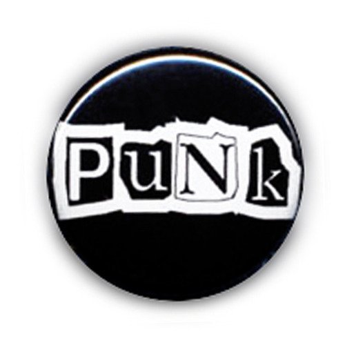 Badge punk logo blanc / fond noir pop rock oldie mode culture ø25mm