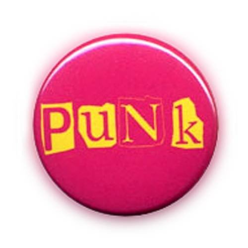 Badge punk logo jaune / rose oldie pop rock goth mode culture ø25mm