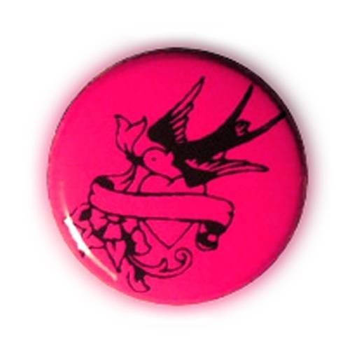Badge hirondelle tattoo noir /rose coeur kawai rockabilly bird ø25mm
