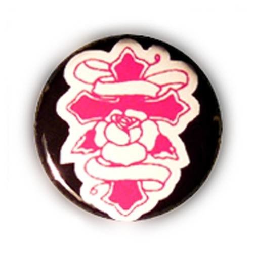 Badge croix tattoo rose / noir rockabilly metal punk rock ø25mm