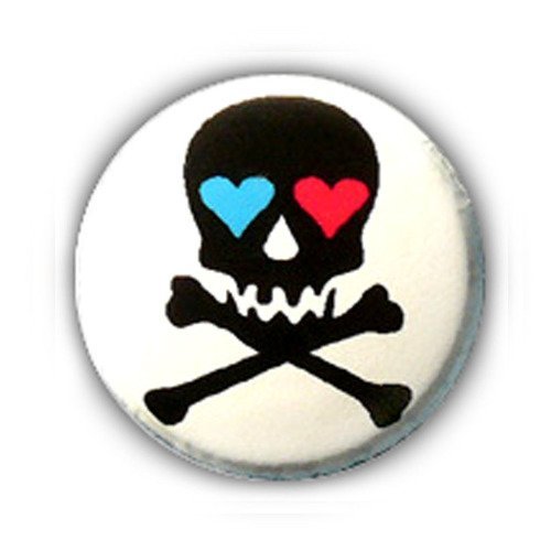 Badge skull 1 love tête de mort stylisée yeux en forme de coeur rock retro button pins - ø25mm - 1 inch