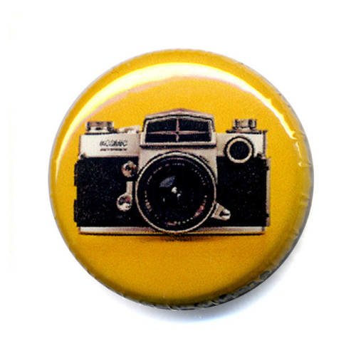 Badge photo reflex appareil camera vintage 60's pop retro jaune ø25mm 