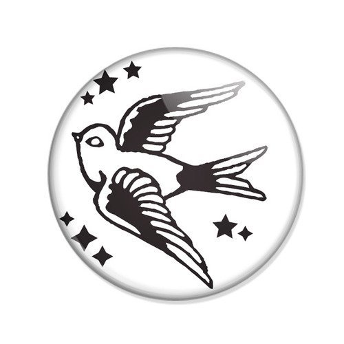 Badge hirondelle et etoiles noir /blanc tattoo rockabilly swallow bird ø25mm 