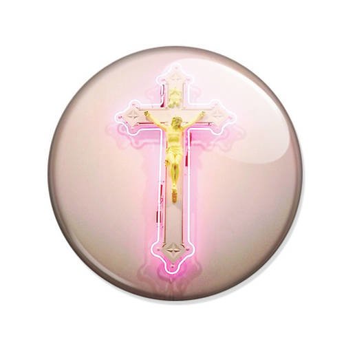 Badge croix christ néon rose jésus pink fluo cross hipster boho ø25mm 