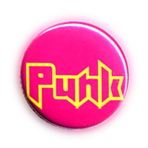 Badge punk modern logo jaune sur fond rose rock kustom no future button pins - ø25mm - 1 inch