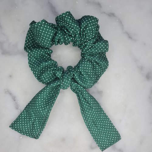 Chouchou à nœud rectangle - petit pois blanc sur vert